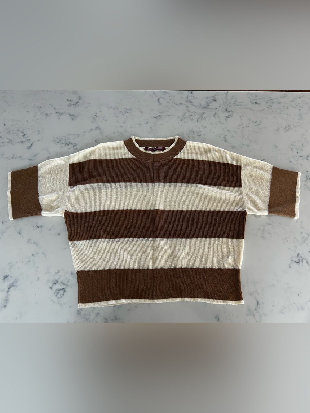 Comptoir Des Cotonniers Brown and Cream Striped Linen Short Sleeve Sweater